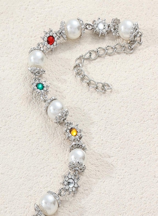Bowdcvy Gold Pearl Choker Necklace for Women Colorful Daisy Rhinestone Flower Chunky Statement Necklaces Fashion Jewelry Gift Accessories (silver) - Image 5